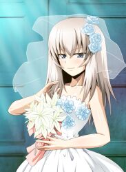 1girl absurdres alternate_costume bare_shoulders blue_eyes blue_flower blush bouquet bridal_veil collarbone dress flower girls_und_panzer grey_hair highres holding holding_bouquet itsumi_erika kamishima_kanon light_smile looking_at_viewer medium_hair sleeveless sleeveless_dress strapless strapless_dress veil wedding_dress white_dress white_flower