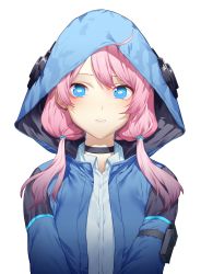 Rule 34 | 1girl, arknights, blue eyes, blue hoodie, blue jacket, blue poison (arknights), collared shirt, commentary, english commentary, frog girl, highres, hood, hoodie, horizontal pupils, jacket, pink hair, shinidei, shirt, solo, tears, white background, white shirt