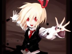 Rule 34 | 1girl, alternate costume, bad id, bad pixiv id, blonde hair, bow, darkness, fang, female focus, hair bow, hair ribbon, koumajou densetsu, long sleeves, looking at viewer, necktie, open mouth, outstretched arms, red eyes, ribbon, rin yuu, rumia, shirt, short hair, solo, touhou, vest