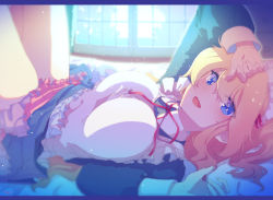 Rule 34 | 1girl, apron, blonde hair, blue dress, blue eyes, breasts, commentary request, day, dress, eyes visible through hair, frilled apron, frills, highres, indoors, kagawa yuusaku, large breasts, letterboxed, light particles, long hair, looking at viewer, lying, maid, maid apron, maid headdress, neck ribbon, on back, open mouth, original, pink skirt, red ribbon, ribbon, skirt, smile, solo, white apron, window