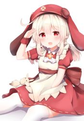 Rule 34 | 1girl, ahoge, animal hat, apron, blonde hair, blush, bow, child, collar, commentary request, dodoco (genshin impact), dress, genshin impact, hat, highres, klee (genshin impact), neck ribbon, on ground, red bow, red dress, red eyes, red hat, ribbon, salute, sash, short sleeves, simple background, solo, tutsucha illust, white background, white legwear, white ribbon