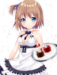 Rule 34 | 1girl, bare shoulders, blue eyes, blush, breasts, brown hair, cake, cake slice, choker, cleavage, closed mouth, collarbone, commentary request, dress, food, frilled dress, frills, fruit, hair bobbles, hair ornament, holding, holding tray, misaki (misaki86), one side up, original, sleeveless, sleeveless dress, small breasts, smile, solo, strawberry, strawberry shortcake, tray, white background, white choker, white dress