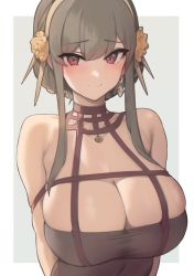 Rule 34 | 1girl, bare shoulders, black dress, black hair, blush, breasts, cleavage, dress, gold hairband, hair ornament, hairband, highres, large breasts, long hair, looking at viewer, red eyes, satou daiji, sidelocks, smile, solo, spy x family, yor briar