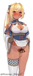 Rule 34 | 1girl, bar censor, blonde hair, blush, breasts, brown gloves, censored, cleavage, covered erect nipples, dark-skinned female, dark elf, dark skin, elf, erection, female pubic hair, foreskin, futanari, gloves, highres, hololive, lifted by self, long hair, mismatched pubic hair, orange eyes, penis, phimosis, pointy ears, ponytail, precum, pubic hair, shiranui flare, shiranui flare (old design), sideboob, simple background, single thighhigh, solo, testicles, thighhighs, virtual youtuber, white background, white hair, yoshiwa tomo