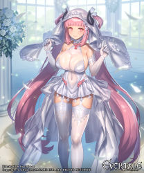 Rule 34 | 1girl, breasts, bridal veil, commentary request, company connection, copyright name, cuboon, dress, evertale, gloves, halterneck, highres, horns, large breasts, logo, long hair, official art, pink hair, shiny clothes, shiny skin, simple background, solo, thighhighs, veil, wedding dress, white dress, white thighhighs