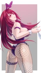 Rule 34 | 1girl, animal ears, ass, back-seamed legwear, commentary request, cup, drinking glass, ex saki, fake animal ears, fake tail, fate/grand order, fate (series), fishnet pantyhose, fishnets, hairband, highleg, highleg leotard, highres, holding, holding cup, leotard, long hair, looking at viewer, looking back, pantyhose, playboy bunny, purple hairband, purple leotard, rabbit ears, rabbit tail, red eyes, red hair, scathach (fate), scathach (piercing bunny) (fate), seamed legwear, solo, strapless, strapless leotard, tail, thighs, very long hair, wine glass, wrist cuffs