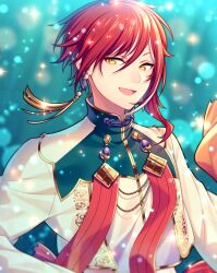 Rule 34 | 1boy, asymmetrical hair, chiyu (silverxxxx), commentary, earrings, ensemble stars!, highres, jewelry, long sleeves, male focus, multicolored hair, open mouth, red hair, sakasaki natsume, sideways glance, solo, streaked hair, symbol-only commentary, two-tone hair, upper body, white hair, yellow eyes
