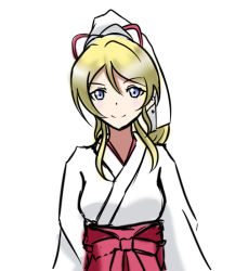 Rule 34 | 1girl, alice kurono, artist request, ayase eli, blonde hair, blue eyes, blush, breasts, female focus, hair between eyes, hair over shoulder, hakama, hakama skirt, japanese clothes, kimono, long hair, long sleeves, looking at viewer, love live!, love live! school idol festival, love live! school idol project, medium breasts, parted lips, ponytail, red hakama, red ribbon, ribbon, skirt, smile, solo, white background, white kimono