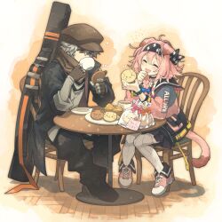 Rule 34 | !, 1boy, 1girl, :d, ^ ^, arknights, black choker, black footwear, black jacket, black pants, black skirt, boots, braid, brown gloves, brown headwear, brown scarf, cat girl, cat tail, chair, choker, closed eyes, commentary request, cookie, cup, cupcake, drinking, fingerless gloves, food, full body, gloves, goldenglow (arknights), grey hair, grey jacket, hairband, hands up, highres, holding, holding cookie, holding cup, holding food, infection monitor (arknights), jacket, lightning bolt print, long sleeves, medium hair, morini ochiteru, multicolored clothes, multicolored jacket, note, notice lines, open mouth, pants, pink footwear, pink jacket, plate, print hairband, red (npc) (arknights), red eyes, sauce, scarf, sheath, shirt, shoes, short hair, single braid, sitting, skirt, smile, sneakers, table, tail, tea, tea party, thighhighs, white shirt, white thighhighs