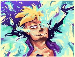 Rule 34 | 1boy, absurdres, blonde hair, blue fire, close-up, commentary, english commentary, facial hair, fire, goatee stubble, grin, highres, looking down, looking to the side, male focus, marco (one piece), one piece, purple background, purple shirt, shirt, short hair, simple background, smile, smirk, solo, stubble, transformation, wigglesthetuff