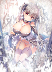 Rule 34 | 1girl, areola slip, azur lane, bare shoulders, between breasts, black dress, blunt bangs, blush, breasts, cleavage, clothes lift, detached collar, dress, dress lift, earrings, formidable (azur lane), frilled dress, frills, garter straps, grey hair, hair ribbon, head tilt, jewelry, kino (kino konomi), large breasts, leaning forward, long hair, long sleeves, looking at viewer, panties, red eyes, ribbon, skindentation, solo, thighhighs, thighs, twintails, two-tone dress, two-tone ribbon, underwear, very long hair, white panties, white thighhighs
