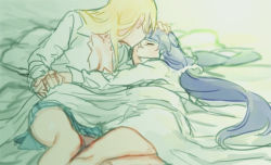 Rule 34 | 2girls, ayase eli, blonde hair, blue skirt, breasts, cleavage, closed eyes, kissing forehead, hair between eyes, hand on another&#039;s head, holding hands, kiss, kissing forehead, large breasts, long hair, love live!, love live! school idol project, multiple girls, open clothes, open shirt, painterly, pleated skirt, purple hair, ribbon, skirt, thighs, tojo nozomi, tsumujikaze74, under covers, white ribbon, yuri