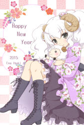 Rule 34 | 1girl, 2015, artist name, black eyes, blush, boots, checkered background, chinese zodiac, cross-laced footwear, dress, frilled dress, frilled sleeves, frills, happy new year, high heel boots, high heels, holding, holding stuffed toy, horns, hugging doll, hugging object, ibuki ena, japanese clothes, knees up, lace-up boots, lolita fashion, long hair, long sleeves, looking at viewer, new year, original, pearl hair ornament, sheep, sheep girl, sheep horns, sitting, smile, solo, stuffed animal, stuffed sheep, stuffed toy, wa lolita, white hair, year of the goat