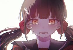 Rule 34 | 1girl, black sailor collar, blunt bangs, blush, brown eyes, commentary request, crying, danganronpa (series), danganronpa v3: killing harmony, hair ornament, hair scrunchie, hairclip, harukawa maki, highres, looking at viewer, lower teeth only, mole, mole under eye, portrait, red scrunchie, red shirt, ringo ame no ria, sailor collar, scrunchie, shirt, simple background, solo, tears, teeth, twintails, white background