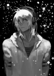 Rule 34 | 1boy, black background, greyscale, headphones, hood, hoodie, jacket, looking at viewer, male focus, mascot, monochrome, naitou-kun, nitro+ chiral, open clothes, short hair, simple background, sinov mimori, solo, upper body
