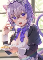 Rule 34 | 1girl, absurdres, alternate costume, animal ears, bell, blue hair, blush, bow, breasts, cat ears, cat girl, cat tail, cleavage, day, enmaided, fang, food, highres, holding, holding food, holding plate, hololive, indoors, komiojisan, large breasts, long sleeves, looking at viewer, maid, multicolored hair, neck bell, nekomata okayu, open mouth, plate, puffy long sleeves, puffy sleeves, purple bow, purple eyes, purple hair, short hair, smile, solo, tail, upper body, virtual youtuber, window