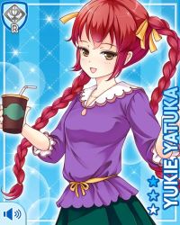 Rule 34 | 1girl, :d, blue background, braid, breasts, brown eyes, card (medium), cup, drinking straw, girlfriend (kari), hair ornament, hair ribbon, hair tie, jewelry, long hair, looking at viewer, necklace, official art, open mouth, purple shirt, qp:flapper, red hair, ribbon, shirt, skirt, smile, solo, standing, tagme, teal skirt, twin braids, twintails, wading, yatsuka yukie