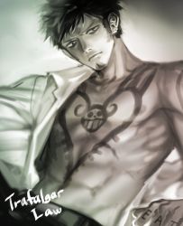 Rule 34 | 1boy, earrings, facial hair, goatee, jewelry, looking at viewer, male focus, monochrome, one piece, open clothes, open shirt, shirt, solo, tattoo, trafalgar law, undressing, yamsong