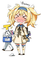 Rule 34 | &gt; &lt;, 1boy, 1girl, ^^^, aged down, amagasa ikuta, backpack, bag, bag charm, black ribbon, blonde hair, blue headband, blue sailor collar, blush, brown footwear, charm (object), closed eyes, commentary request, cooler, crying, dress, flying sweatdrops, food, gambier bay (kancolle), gloves, headband, holding, holding food, ice cream, ice cream cone, jacket, kantai collection, long sleeves, military jacket, neck ribbon, nose blush, open mouth, pants, pleated dress, ribbon, sailor collar, spill, standing, t-head admiral, tears, thighhighs, translation request, twintails, white background, white dress, white gloves, white jacket, white pants, white thighhighs