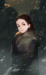 Rule 34 | 1girl, a song of ice and fire, artist name, brown eyes, brown hair, coat, daible, fur trim, game of thrones, half updo, highres, long hair, lyanna mormont, motion blur, snowing, solo, standing