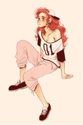 Rule 34 | 1girl, absurdres, backwards hat, baseball cap, blush, breasts, brown eyes, cleavage, collarbone, earrings, full body, hat, highres, invisible chair, jewelry, jisoo kim, leg up, long hair, loose clothes, loose shirt, off shoulder, original, pants, pants rolled up, pink pants, red hair, sepia background, shirt, shoes, short sleeves, simple background, sitting, sneakers, solo, wavy hair