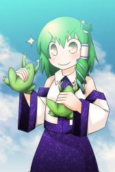 Rule 34 | 1girl, cloud, detached sleeves, female focus, frog, green hair, japanese clothes, kochiya sanae, miko, outdoors, sky, solo, standing, touhou
