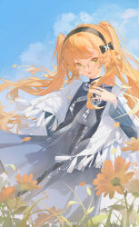 1girl :d absurdres black_bow black_hairband blue_dress blue_sky bow capelet checkered_ribbon cloud cloudy_sky day dress floating_hair flower glasses green_eyes hair_bow hairband hand_up highres long_hair long_sleeves looking_at_viewer neck_ribbon official_alternate_costume open_mouth orange_hair outdoors reverse:1999 ribbon round_eyewear shimian_ju sky smile solo sonetto_(emotion_in_tranquility)_(reverse:1999) sonetto_(reverse:1999) twintails upper_body very_long_hair weibo_logo weibo_watermark white_capelet yellow_flower