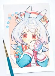 Rule 34 | 1girl, animal ears, apron, aqua shirt, art tools in frame, blue hair, blush, border, bow, bowtie, brooch, closed mouth, commentary request, crossed bangs, eyelashes, genshin impact, gloves, gradient hair, hair ornament, hands up, hat, highres, holding, intertwined fate, jewelry, long sleeves, looking at viewer, low twintails, medium hair, multicolored hair, nasuke, nurse cap, orange background, outside border, painting (medium), photo (medium), pink bow, pom pom (clothes), pom pom hair ornament, puffy long sleeves, puffy sleeves, purple hair, red bow, red bowtie, red eyes, shirt, short twintails, sigewinne (genshin impact), simple background, smile, solo, star (symbol), traditional media, twintails, upper body, watercolor (medium), white apron, white border, white gloves, white hat