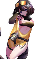 Rule 34 | 1girl, :o, absurdres, arknights, bandeau, black hair, breasts, cleavage, commentary, cowboy shot, eunectes (arknights), female focus, goggles, goggles on head, hand up, highres, looking at viewer, medium breasts, midriff, parted lips, pointy ears, purple eyes, red (aba02), see-through, short hair, simple background, solo, standing, stomach, strapless, tail, thighs, tube top, white background