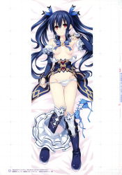 Rule 34 | 1girl, absurdres, bed sheet, black hair, blush, boots, breasts, choujijigen game neptune re;birth 2, convenient censoring, dakimakura (medium), full body, hair ornament, highres, long hair, looking at viewer, lying, neptune (series), noire (neptunia), official art, on back, panties, panty pull, red eyes, ribbon, solo, tsunako, twintails, underwear, undressing