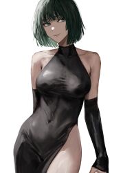 Rule 34 | 1girl, alternate costume, bare shoulders, black dress, black sleeves, breasts, commentary, covered erect nipples, covered navel, detached sleeves, dress, english commentary, fubuki (one-punch man), green eyes, green hair, highres, large breasts, looking to the side, one-punch man, pelvic curtain, raberu ruru, short hair, side slit, sleeveless, sleeveless dress, sleeves past wrists, smile, solo, white background