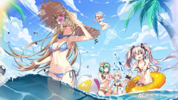 Rule 34 | 5girls, ;d, absurdres, arm up, armpits, ball, bare arms, bare shoulders, beachball, belt, bikini, blonde hair, blue bikini, blue choker, blue sky, breasts, brown bikini, choker, cleavage, cloud, copyright request, day, floating hair, flower, flying, gluteal fold, green hair, hair flower, hair ornament, hair scrunchie, halterneck, hand on headwear, hat, hibiscus, highres, innertube, kikimi, large breasts, lens flare, long hair, looking at viewer, multiple girls, navel, one eye closed, open mouth, outdoors, palm tree, scrunchie, side-tie bikini bottom, silver hair, sky, smile, stomach, straw hat, string bikini, sunlight, swim ring, swimsuit, thighs, tree, twintails, very long hair, wading, water