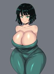 Rule 34 | 1girl, alternate breast size, arms behind head, breasts, cleavage, curvy, dress, fubuki (one-punch man), highres, jewelry, large breasts, lips, lipstick, makeup, one-punch man, shiny skin, short hair, simple background, skin tight, smile, solo, taut clothes, taut dress, upper body, zeriie