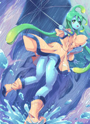 Rule 34 | 1girl, absurdres, ass, blush, boots, breasts, from behind, full body, green eyes, green hair, highres, large breasts, legs, long hair, long sleeves, looking at viewer, matching hair/eyes, monster girl, monster musume no iru nichijou, open mouth, rain, raincoat, slime, smile, solo, suu (monster musume), teeth, tongue, umbrella, upper teeth only