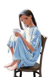 Rule 34 | 1boy, absurdres, barefoot, black hair, bottomless, braid, chair, cup, dark-skinned male, dark skin, eyelashes, feet on chair, fingernails, full body, hair down, hand up, highres, holding, holding cup, jamil viper, knees up, long hair, male focus, mug, multiple braids, oversized clothes, oversized shirt, parted lips, purple eyes, rokuta600, shirt, short sleeves, simple background, sitting, solo, toenails, twisted wonderland, white background, white shirt