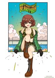Rule 34 | 1girl, :d, akiyama yukari, arm support, black border, black footwear, black gloves, blue sky, blush, boots, border, brown eyes, brown hair, camouflage, camouflage shirt, camouflage shorts, character name, cloud, cloudy sky, confetti, crop top, cross-laced footwear, dated, english text, fourth wall, girls und panzer, gloves, green jacket, green shirt, green shorts, happy birthday, highres, jacket, lace-up boots, leg up, leoponchiaki, light blush, long sleeves, looking at viewer, messy hair, midriff, off shoulder, open clothes, open jacket, open mouth, outside border, shirt, short hair, shorts, sitting, sky, smile, solo, twitter username
