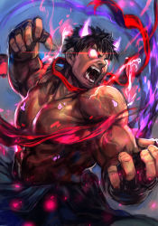 Rule 34 | 1boy, aura, black hair, capcom, crossover, dark-skinned male, dark persona, dark skin, dougi, fighting stance, fingerless gloves, glowing, glowing eyes, glowing horns, horns, hungry clicker, kage (street fighter), male focus, mma gloves, muscular, oni horns, open mouth, ryu (street fighter), short hair, solo, street fighter, street fighter v, thick eyebrows, topless male, u200bfangs