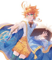 Rule 34 | 1girl, absurdres, ahoge, bad id, bad twitter id, belt, blouse, blush, book, brown belt, collared shirt, emma (yakusoku no neverland), green eyes, hair between eyes, hair ornament, highres, holding, holding book, holding wand, light blush, long sleeves, looking at viewer, neck tattoo, necktie, number tattoo, open book, orange hair, outstretched arm, outstretched hand, reaching, reaching towards viewer, shirt, short hair, short shorts, shorts, smile, solo, star (symbol), star hair ornament, striped clothes, striped thighhighs, tattoo, thighhighs, vertical-striped clothes, vertical-striped thighhighs, wand, white background, white shirt, yakusoku no neverland, zettai ryouiki