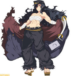 Rule 34 | 10s, 1girl, abs, bandages, bandages around chest, black hair, breasts, daidouji (senran kagura), female focus, hat, large breasts, long hair, muscular, official art, red eyes, senran kagura, solo, standing, white background