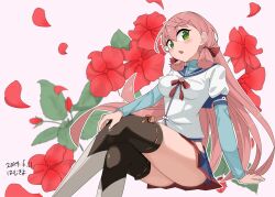 Rule 34 | 1girl, akashi (kancolle), artist name, blue sailor collar, blue skirt, blunt tresses, boots, breasts, brown thighhighs, commentary request, crossed legs, dated, feet out of frame, flower, green eyes, hair ribbon, hamukiyo, hip vent, kantai collection, layered sleeves, long hair, long sleeves, medium breasts, pink hair, pleated skirt, ribbon, sailor collar, school uniform, serafuku, shirt, short over long sleeves, short sleeves, simple background, skirt, solo, thigh boots, thighhighs, tress ribbon, white background, white shirt