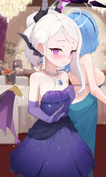 Rule 34 | 2girls, absurdres, ako (blue archive), ako (dress) (blue archive), ass, asymmetrical hair, bare shoulders, blue archive, blush, breasts, butt crack, chinese commentary, closed mouth, commentary request, demon girl, demon horns, demon wings, dress, ear blush, elbow gloves, gloves, halo, highres, hina (blue archive), hina (dress) (blue archive), horns, jewelry, jixo (user nzhc8728), looking at viewer, multiple girls, necklace, nose blush, official alternate costume, parted bangs, pearl necklace, pendant, purple dress, purple eyes, purple gloves, purple halo, small breasts, smile, strapless, strapless dress, variant set, white hair, wings