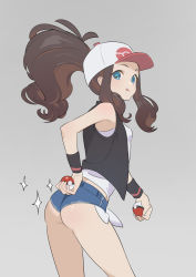 Rule 34 | 1girl, ass, baseball cap, black vest, blue eyes, breasts, brown hair, closed mouth, creatures (company), curly hair, cutoffs, denim, denim shorts, exposed pocket, game freak, grey background, hat, high ponytail, hilda (pokemon), holding, holding poke ball, licking lips, long hair, looking at viewer, nintendo, poke ball, poke ball (basic), pokemon, pokemon bw, shirt, short shorts, shorts, sidelocks, simple background, sleeveless, sleeveless shirt, small breasts, smile, solo, sparkle, tank top, thighs, timbougami, tongue, tongue out, vest, white hat, white shirt, wristband