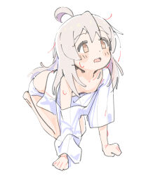 Rule 34 | 1girl, absurdres, ahoge, all fours, arm support, barefoot, blush, breasts, brown eyes, clenched hands, collarbone, d:, dot nose, downblouse, film grain, full body, furrowed brow, grey hair, highres, long hair, looking ahead, looking up, loose clothes, loose shirt, mikuchi sunkuo, no bra, no pants, off shoulder, onii-chan wa oshimai!, open mouth, oversized clothes, oversized shirt, oyama mahiro, panties, raised eyebrow, see-through, see-through shirt, shirt, short sleeves, simple background, single bare shoulder, small breasts, solo, sweat, t-shirt, tareme, underwear, unkempt, wardrobe malfunction, wavy mouth, white background, white hair, white panties, white shirt