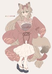 Rule 34 | 1girl, :d, animal ears, bad id, bad twitter id, brown hair, clog sandals, color guide, fox ears, fox tail, full body, green eyes, highres, japanese clothes, kimono, long hair, long sleeves, looking at viewer, okobo, open mouth, original, pantyhose, red kimono, sandals, simple background, smile, solo, standing, tail, tsukiori, very long hair, white background, white pantyhose, wide sleeves