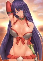 Rule 34 | 1girl, arm behind head, arm up, armpits, backlighting, bare shoulders, bikini, blue eyes, blunt bangs, blush, breasts, choker, cleavage, collarbone, cross, cross choker, earrings, fate/grand order, fate (series), frilled bikini, frills, gauntlets, gloves, highres, jewelry, large breasts, long hair, looking at viewer, martha (fate), martha (swimsuit ruler) (fate), navel, open mouth, orange sky, purple hair, red gloves, sky, smile, solo, straight hair, sunset, swimsuit, tiri man