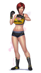 Rule 34 | 1girl, boots, boxing gloves, breasts, cleavage, cross-laced footwear, dead or alive, dead or alive 5, full body, highres, lace-up boots, midriff, mila (doa), navel, pop-lee, red eyes, red hair, short hair, short shorts, shorts, solo, sports bra, standing, sweat, toned