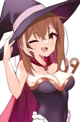 Rule 34 | 1girl, :d, absurdres, alternate costume, black leotard, breasts, brown eyes, brown hair, cape, cleavage, colored inner hair, crossed bangs, frilled leotard, frills, hat, highres, holding, holding clothes, holding hat, hololive, hololive english, lavendeavor, leotard, long hair, looking at viewer, multicolored hair, nanashi mumei, one eye closed, open mouth, smile, streaked hair, upper body, very long hair, virtual youtuber, witch hat