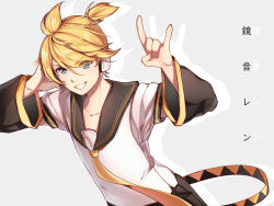 Rule 34 | 1boy, belt, black collar, black pants, blonde hair, blue eyes, character chart, collar, commentary, detached sleeves, grin, hand on headphones, hands up, headphones, highres, kagamine len, lineart, looking at viewer, male focus, \\n/, necktie, pants, sailor collar, shirt, short ponytail, short sleeves, smile, solo, spiked hair, translated, upper body, v-shaped eyebrows, vocaloid, white shirt, yellow necktie, yen-mi