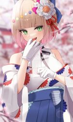 Rule 34 | 1girl, blonde hair, blurry, blurry background, blush, breasts, detached sleeves, floral print, flower, gloves, gradient hair, green eyes, hair flower, hair ornament, hakama, highres, holding, hololive, japanese clothes, kimono, large breasts, looking at viewer, momosuzu nene, momosuzu nene (new year), multicolored hair, open mouth, pink hair, thomas 8000, virtual youtuber, white kimono, wide sleeves