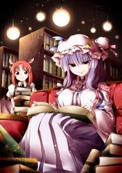 Rule 34 | 0-den, 2girls, absurdres, black vest, blue bow, blunt bangs, book, book stack, bookshelf, bow, breasts, brooch, closed mouth, collared shirt, commentary request, couch, dress, hair bow, hat, head wings, highres, indoors, jewelry, juliet sleeves, koakuma, large breasts, library, lips, long hair, long sleeves, mob cap, multiple girls, patchouli knowledge, pink headwear, puffy sleeves, purple dress, purple eyes, purple hair, reading, red bow, red eyes, red hair, shirt, sidelocks, sitting, striped clothes, striped dress, touhou, vest, white shirt, wing collar, wings